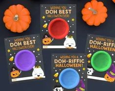 four halloween party supplies including plates, cups and napkins on a black table with orange pumpkins in the background