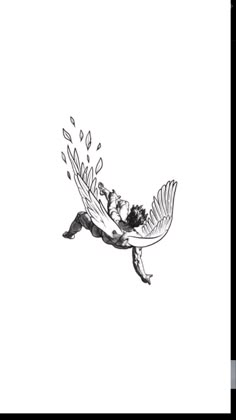 a black and white drawing of a bird flying through the air with its wings spread out