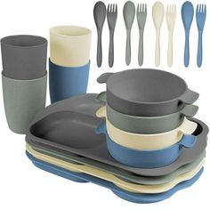 an assortment of dishes and utensils are shown