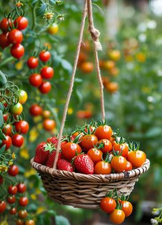 a basket filled with lots of ripe tomatoes hanging from a rope next to some green plants