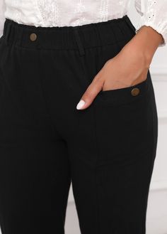 Casual Stretch Bottoms With Button Cuffs, Stretch Straight Pants With Buttons, Stretch Ankle-length Pants With Button Closure, Casual High Waist Dress Pants With Buttons, Black Casual Bottoms With Button Cuffs, Casual Black Bottoms With Button Cuffs, Casual Black Pants With Button Cuffs, Black Pants With Button Zip Fly For Work, Black Straight Leg Pants With Buttons