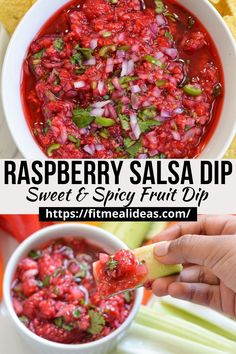 sweet and spicy raspberry salsa dip is served with salad platter. Raspberry Salsa Recipe, Homemade Fruit Dip, Raspberry Salsa, Raspberry Dip, Berry Salsa, Strawberry Salsa Recipe, Spicy Fruit, Fresh Salsa Recipe