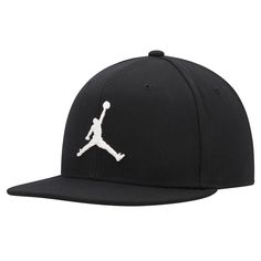 Your style leaps above contenders with this Jordan Brand Pro hat. It features the iconic Jumpman in raised embroidery for a 3D-like effect. This solid snapback is easy to adjust for the ideal fit. Black Snapback Flat Cap For Sports Events, Black Snapback Flat Cap For Sports, Black Flat Cap Fitted Hat For Sports, Sporty Flat Cap Fitted Hat For Sports, Black Fitted Flat Cap For Sports, Black Flat Cap Trucker Hat For Baseball Season, Baseball Season Snapback Hat With Flat Brim, Black Trucker Hat Flat Cap For Baseball Season, Sports Flat Cap For Baseball Season