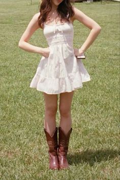 dress, outfit inspo, cowgirl boots Cowgirl Boots Spring Outfit, Cowgirl Boots Long Dress, Cute Dress With Boots, Country Dress Aesthetic, Coquette Boots Outfit, White Dress Summer Aesthetic, Cowboy Looks For Women Outfits, Cowboy Boots Outfits Women, Cute Outfits Cowgirl