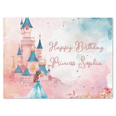 a princess birthday card with a castle in the background