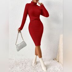 New Luxe Ribbed Bodycon Turtleneck Dress * Long Raglan Sleeve * Soft Stretch Pullover * Turtle Neck * Ribbed Bodycon Midi Pencil Skirt *Approximate Unstretched Measurements* Xs (2) * Bust 22"(Up To 34")* Waist 22" * Hip 22"(Up To 35.75") * Sleeve Length 26" * Length 40.5" Small (4) * Bust 23.5"(Up To 35.25") * Waist 23.5" * Hip 23.5"(Up To 37.5") * Sleeve Length 23.5" * Length 41.25" Medium (6) * Bust 25.25"(Up To 37")* Waist 25.25" * Hip 25.25"(Up To 39") * Sleeve Length 25" * Length 42" Large Red Sweater Dress With Boots, Bodycon Turtleneck Dress, Turtleneck Dress Long, Long Sleeve Silk Dress, Short Sleeve Floral Dress, Shapewear Dress, Red Sweater Dress, Midi Pencil Skirt, Turtleneck Dress