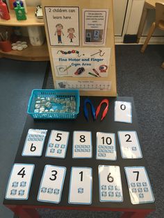 a table with numbers and scissors in front of a sign that says fine motor and finger