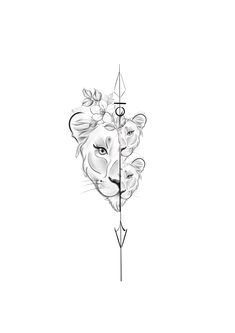 a drawing of a lion with flowers on it's head and an arrow in its mouth