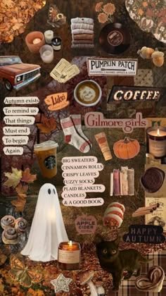 a collage of halloween related items including coffee, candles and other things to decorate