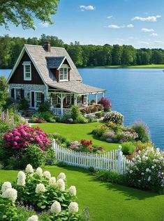 a house on the water surrounded by lush green grass and white picket fenced in flowers