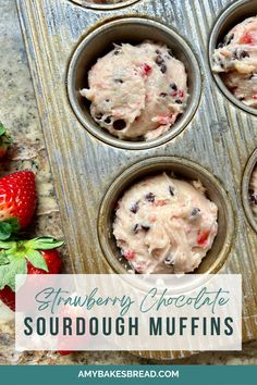 strawberry chocolate cupcakes in muffin tins with strawberries on the side