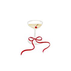 a drawing of a martini glass with a cherry on the rim and red ribbon tied around it