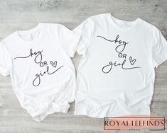 Gender Reveal Matching Family Shirts DETAILS Our Bella + Canvas t-shirts are SUPER soft and SUPER comfy. Roll the sleeves for a different look or even tie it in a knot at the bottom. Sleeves are only rolled for the picture. You can still get the rolled cuffed sleeved look by simply rolling them up! If you would like sleeves permanently cuffed, please pay the link at the bottom of this page to cover the cuffed sleeve charge. FABRICATION Solid Colors: 100% combed and ring spun cotton, 30 single, 4 White Crew Neck Top For Gender Reveal, White Short Sleeve Shirt For Gender Reveal, White Short Sleeve Tops For Gender Reveal, White Cotton Top For Gender Reveal, White Shirt With Graphic Print For Gender Reveal, White Graphic Print Shirt For Gender Reveal, White Graphic Tee For Gender Reveal, Unisex Casual T-shirt For Gender Reveal, White Short Sleeve T-shirt For Gender Reveal