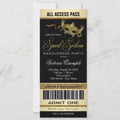 a black and gold masquerade party ticket with the word, all access pass