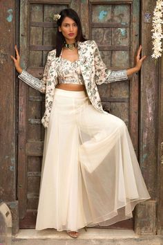 Buy Chhavvi Aggarwal White Crepe Printed Jacket And Palazzo Set Online | Aza Fashions Jacket With Plazo Suit, Plazo Crop Top With Jacket, Indo Fusion Outfits Women, Plazo With Jacket, Fusion Wear Indian Western, Indian Western Fusion Fashion, Western Work Wear For Women, Indian Fusion Wear, Indowestern Outfits