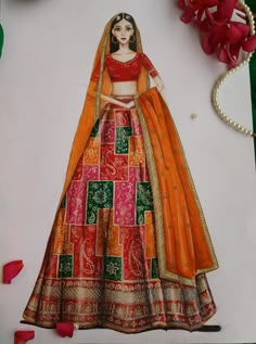 Fashion illustration Chaniya Choli Illustration Sketches, Symmetrical Pictures, Outfit Sketches, Bride Illustration, Designer Illustration, Theme Board, Color Concept, Fashion Design Drawing