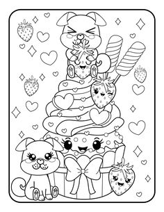 an adult coloring page with three cats and two dogs sitting on top of each other