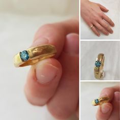 four different views of gold rings with blue stones