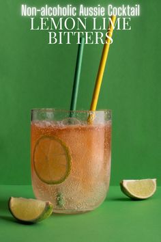 A glass of lemon, lime and bitters with two straws, on a green background. Lemon Lime Bitters Recipe, Lime Decorations, Lemon Lime Bitters, Bitters Recipe, Aromatic Bitters, Slice Of Lime, Lime Peel