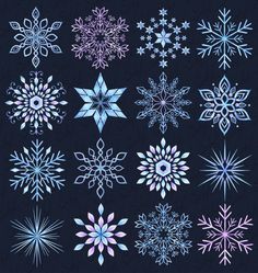 a collection of snowflakes on a black background with blue and pink colors stock photo