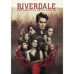 the poster for riverdale starring actors from left to right, and an image of a man with antlers on his chest