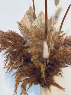 some brown and white feathers are in a vase