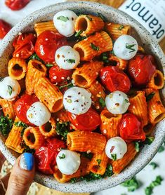 a bowl filled with pasta, tomatoes and mozzarella cheese on top of it