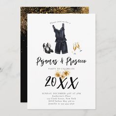 a white and black party card with gold glitters on the bottom, featuring two women's clothing items