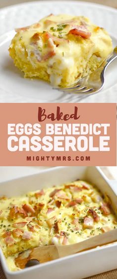 baked eggs benedict casserole in a white dish with a spoon on the side