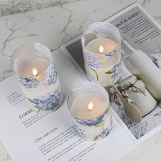 three candles sitting on top of an open book