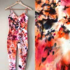 Tie Dye Full Bodysuit Leotard Unitard Catsuit / Ready to Ship Size Medium/ Koi Orange Black White / Hand Dyed Yoga Dance One Piece Jumpsuit Women's  These very comfortable and have great stretch. I am 5'4", 34 Bust, Size 8-10 Pants and I wear a Medium. You will love wearing this unique, one of a kind, hand dyed piece of art! Awesome gift idea. Hippie, Boho/Bohemian Style, Festival Fashion. Comfortable, breathable, natural fiber fabric. Perfect for everyday wear or special occasions. I use only t Fitted Orange V-neck Bodysuit, Fitted Printed Jumpsuits And Rompers, Fitted Multicolor Jumpsuit For Loungewear, Fitted Multicolor Jumpsuits And Rompers For Loungewear, Printed Fitted Bodysuit For Loungewear, Fitted Printed Orange Jumpsuits And Rompers, Fitted Orange Printed Jumpsuits And Rompers, White Unitard, Full Bodysuit