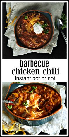 two pictures with the words barbecue chicken chili in it and an image of a bowl full of food