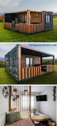 two pictures of a house made out of shipping containers