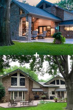 before and after photos of a house with grass on the lawn