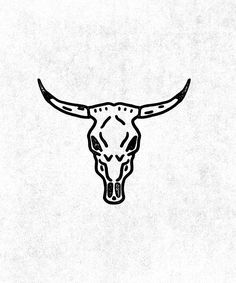 a bull's skull with long horns is drawn in black ink on a white background