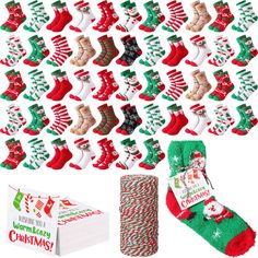 christmas stocking and socks are on display next to a box of candy canes