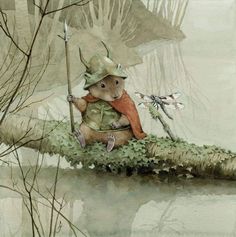 a painting of a mouse sitting on a log in the water with a fishing rod