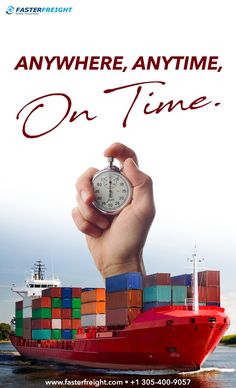 a hand holding a stopwatch in front of a container ship with the words anywhere, anytime on time