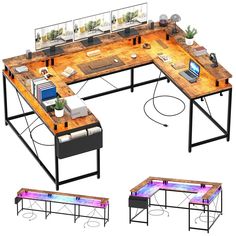 a computer desk with multiple computers on top of it and two different tables in the middle