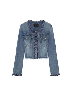 MO&Co. Women's Cropped Collarless Denim Jacket Crafted from premium cotton denim, our denim jacket exudes effortless style and sophistication. The collarless design, along with its hand-woven trim and raw hem for a unique and edgy look. Wear it with coordinating jeans. Features : - Short denim silhouette- Webbing bordure, raw hem details- Front pockets, collarless design Code: MBD1JKT011 & MBD1JKT035The back length of size S is 45cmMATERIALS & CARE Material: 100% CottonPlease put it into a mesh Chic Summer Denim Jacket With Frayed Hem, Spring Dark Wash Denim Jacket With Frayed Hem, Chic Spring Denim Jacket With Frayed Hem, Chic Cotton Outerwear With Frayed Hem, Chic Spring Outerwear With Frayed Hem, Chic Fall Denim Jacket With Frayed Hem, Fitted Denim Top With Frayed Hem For Fall, Chic Denim Outerwear With Frayed Hem, Collarless Denim Jacket