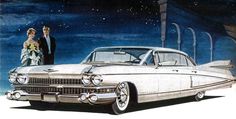 an old car with two people standing next to it in front of a night sky