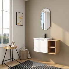 a bathroom with a sink, mirror and rug