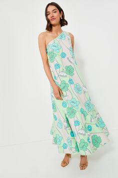 Green and Blue Floral Sabine Maxi Dress | Hyacinth House Spring One-shoulder Lined Dress, Spring Floral Print One-shoulder Dress, Floral Print One Shoulder Spring Dress, Spring One-shoulder Maxi Dress For Garden Party, One Shoulder Maxi Dress For Spring Garden Party, One-shoulder Ruffle Hem Dress For Vacation, Bohemian One-shoulder Maxi Dress With Floral Print, Whimsical Green Dress For Garden Party, Whimsical Flowy Summer Dress