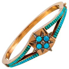 A gorgeous example of Victorian finery, this handsomely appointed bracelet is rendered in 18 karat rose gold and decorated with an artful display of turquoise and rose cut diamonds. The pop of color is lovely and distinct! The interior diameter is just under 2 by 2.25 inches and the piece is finished with a safety. Antique Turquoise Jewelry, Antique Bangles, Victorian Accessories, Antique Turquoise, Star Motif, Historical Jewellery, Vintage Bangles, Bracelets Gold Diamond, Victorian Gold