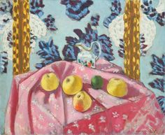 a painting of lemons on a pink table cloth