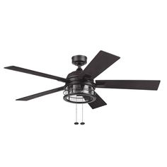 a ceiling fan that is on top of a white wall with black blades and a light fixture