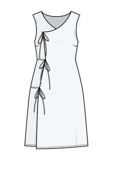 a white dress with laces on the front and side, drawn in black ink