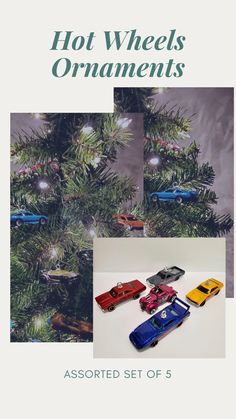 an assortment of hot wheels ornaments on a christmas tree