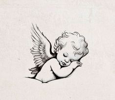 an ink drawing of a baby with wings on it's back and head resting on its arm