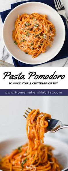 pasta with parmesan cheese is being served in a white bowl